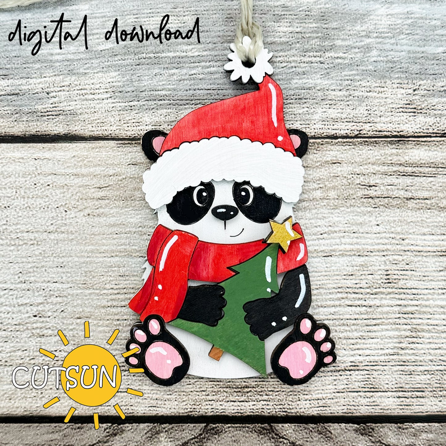 Layered Christmas panda ornament SVG with Santa hat, scarf, and Christmas tree – digital laser cut file for holiday crafting