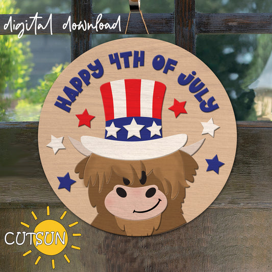 Patriotic Highland Cow svg | 4th of July door sign SVG | Laser cut file , Cricut SVG