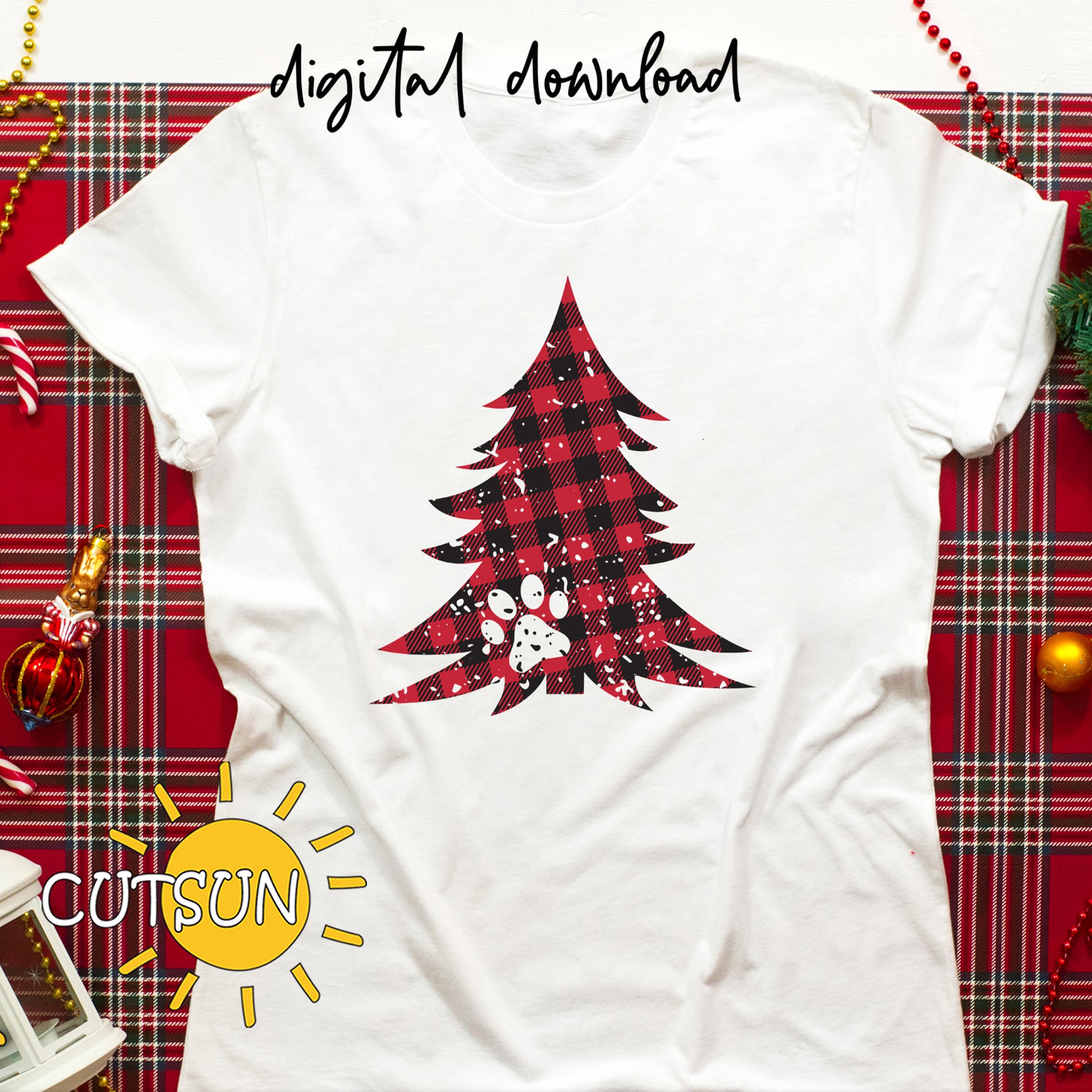 SVG cut file for a distressed Christmas tree with buffalo plaid pattern and a paw print