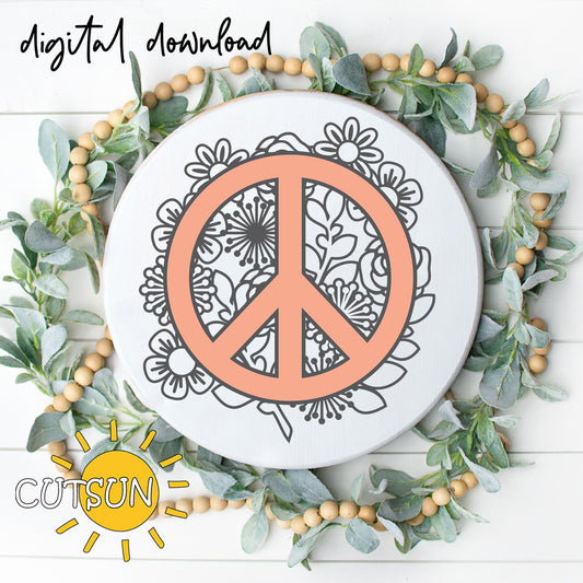 Peace symbol design with floral patterns on a white background, surrounded by greenery and beads.