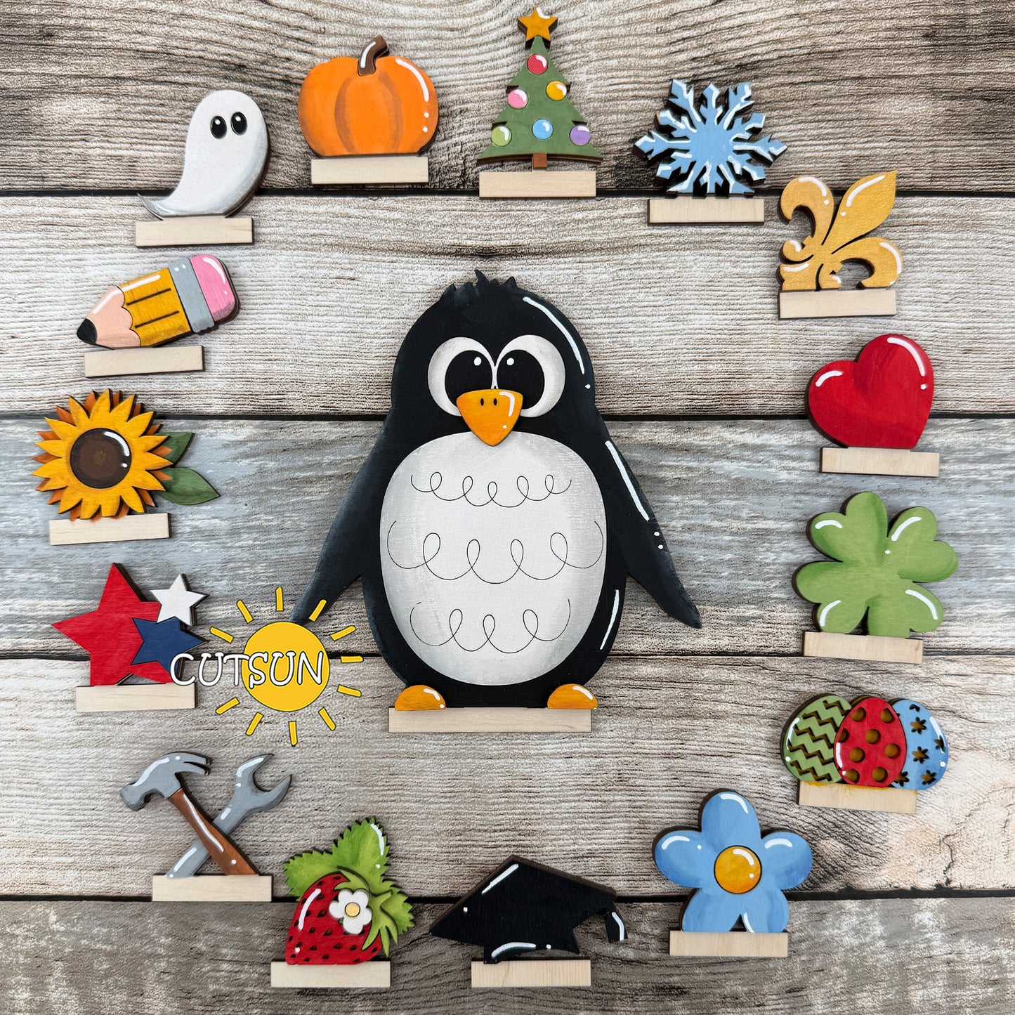 Interchangeable Penguin Shelf Sitter SVG – Cute Penguin Interchangeable Decor + 15 add-ons
