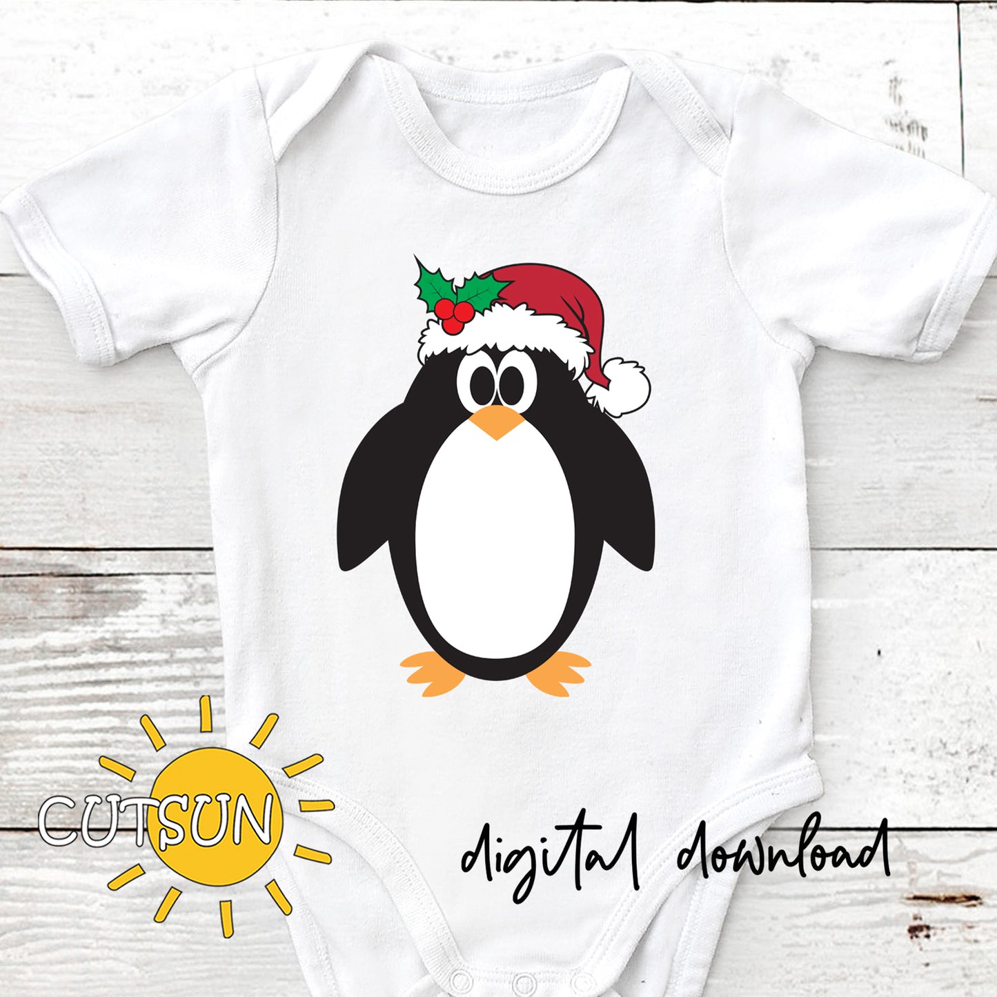 Cute penguin with a Santa hat and holly berry