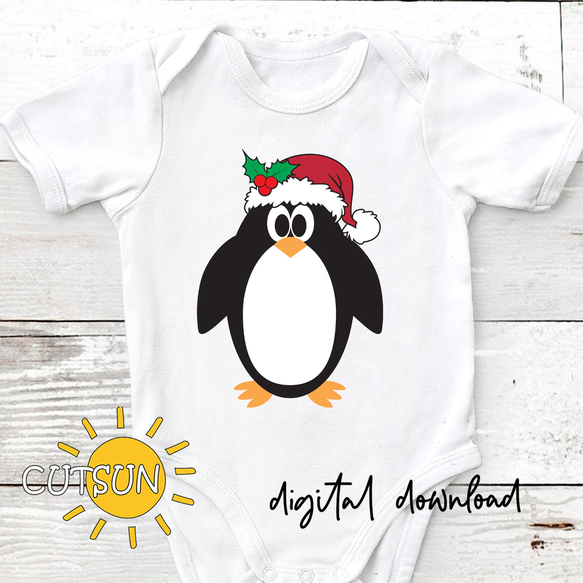 Cute penguin with a Santa hat and holly berry