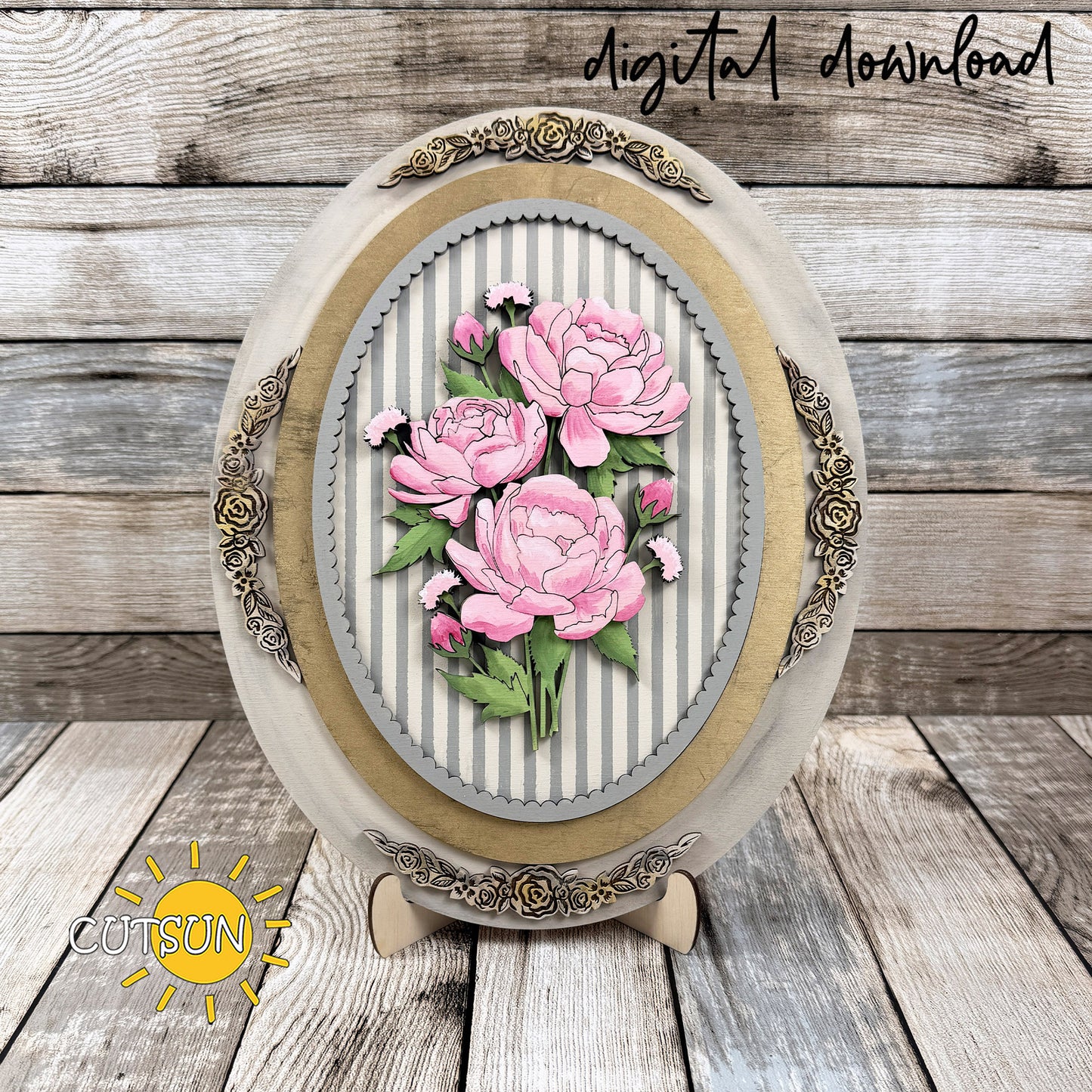 Peonies & Hydrangeas Oval Frame Add-On SVG | Floral Insert + Engraving Background + Stencil Background | Laser Cut File Digital Download