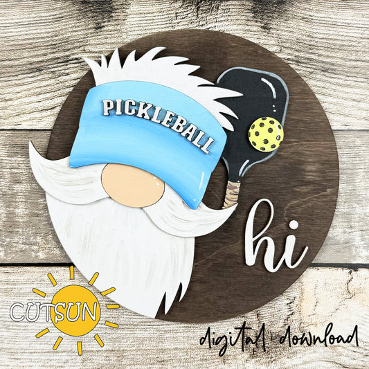 Pickleball gnome round door hanger with paddle and yellow ball – layered SVG laser cut file for sporty interchangeable welcome sign.