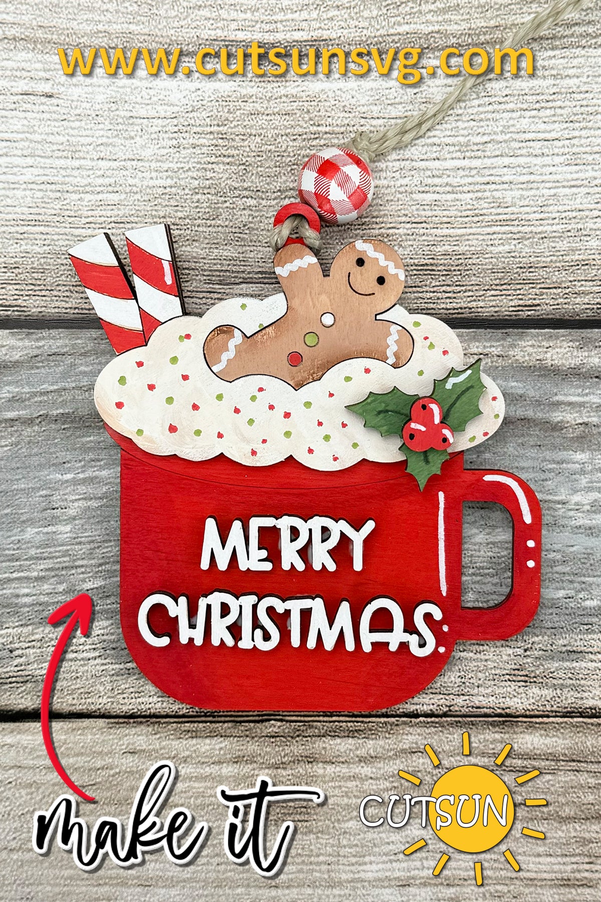 Christmas Cocoa Mug Ornament SVG – Gingerbread & Candy Cane Laser Cut File
