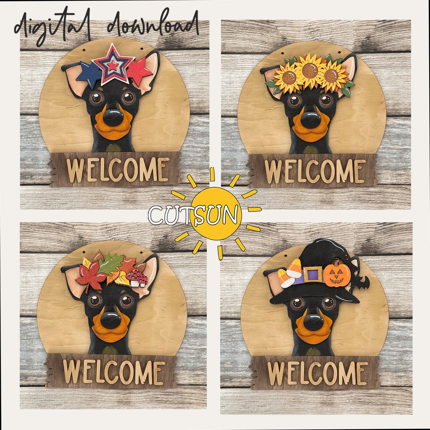 Pinscher Interchangeable Round Sign SVG – Dog Welcome Sign Laser Cut File
