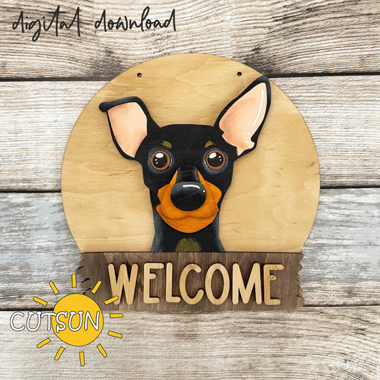 Laser cut SVG file of a pinscher interchangeable round welcome sign with layered dog design for Glowforge and similar laser cutters.