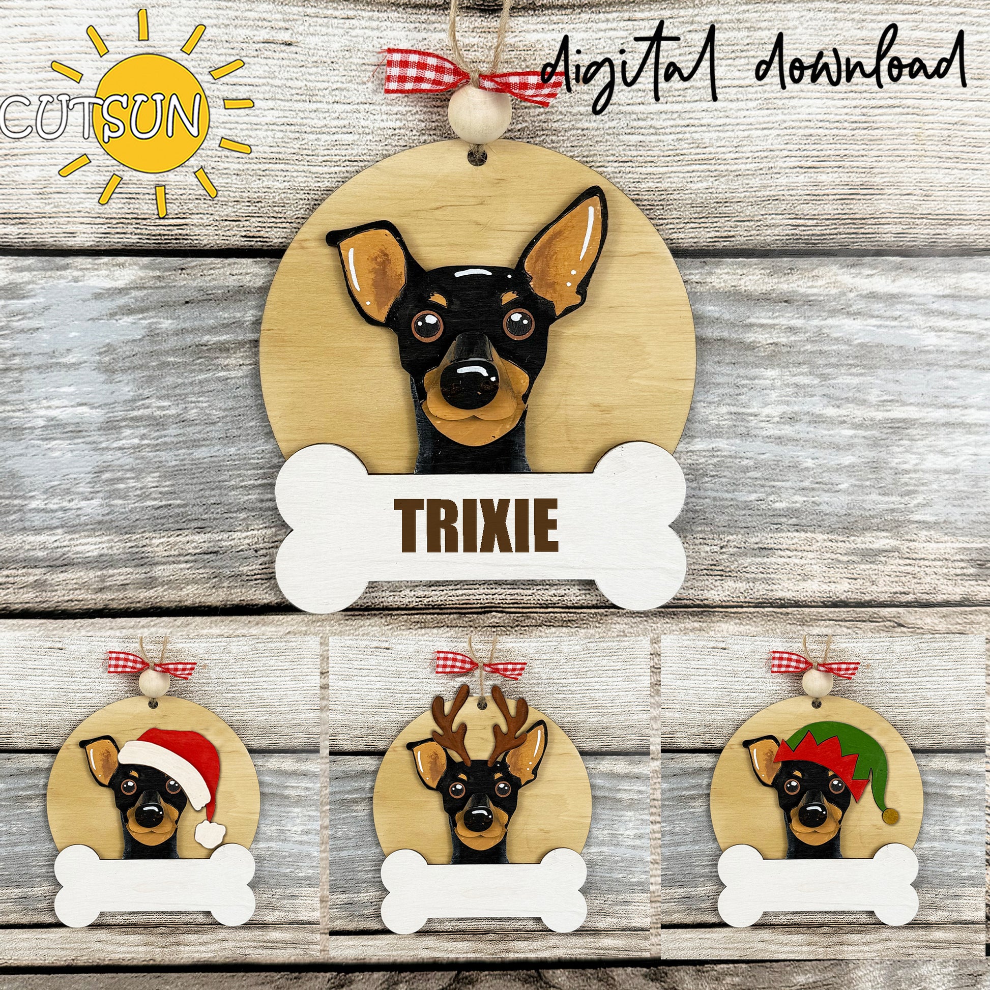 Pinscher Christmas ornament bundle with four layered laser cut dog designs and blank bone nameplates for personalized pet holiday décor.