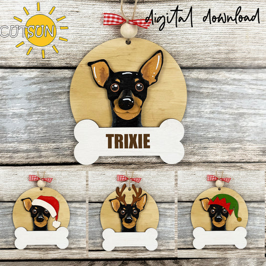 Pinscher Christmas ornament bundle with four layered laser cut dog designs and blank bone nameplates for personalized pet holiday décor.