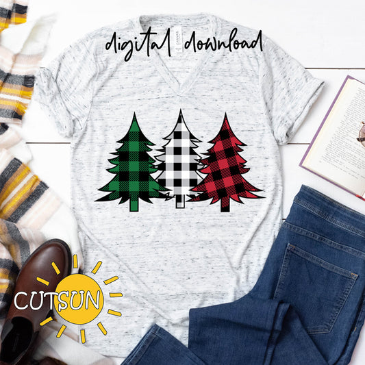 White t-shirt with plaid tree design, surrounded by jeans, shoes, and a scarf on a wooden surface.