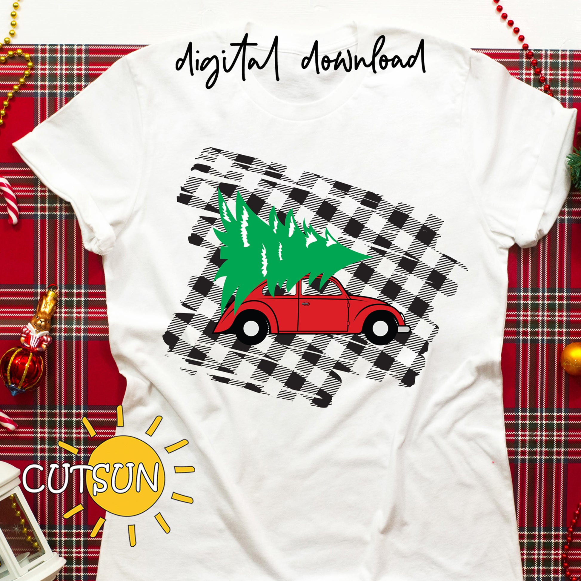 Retro car with a Christmas tree on top on a brush stroke with a buffalo plaid pattern