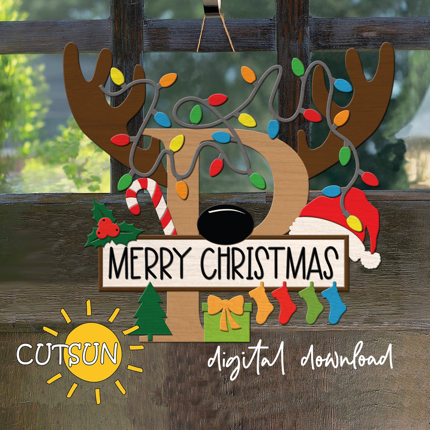 Laser cut Christmas door sign - monogram letter P with antlers, Christmas lights, candy cane, holly berry, a Christmas tree, a present, Santa hat and four stockings.