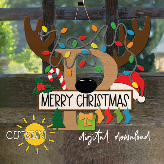 Laser cut Christmas door sign - monogram letter P with antlers, Christmas lights, candy cane, holly berry, a Christmas tree, a present, Santa hat and four stockings.