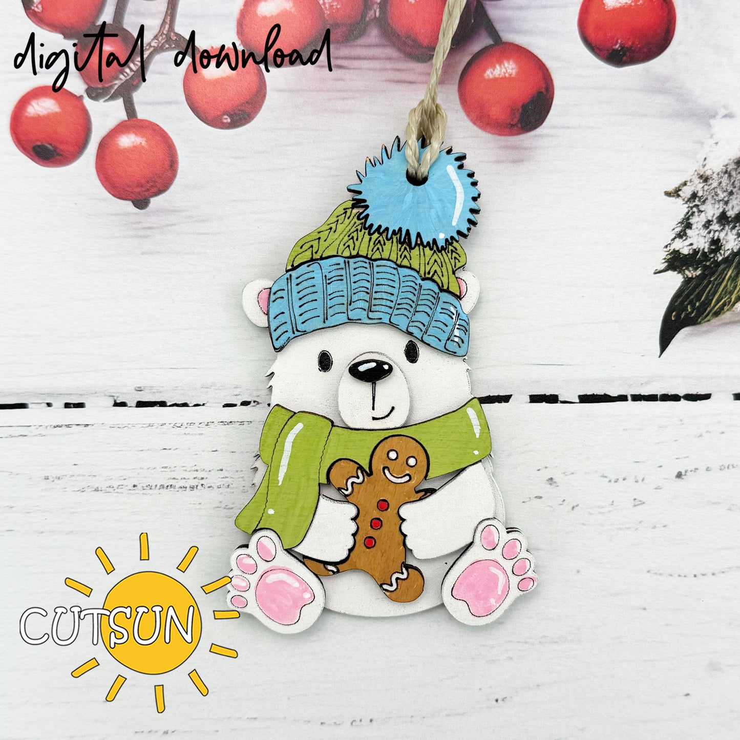 Polar Bear with Gingerbread Ornament SVG | Cute Layered Laser Cut File | Christmas Tree Decor