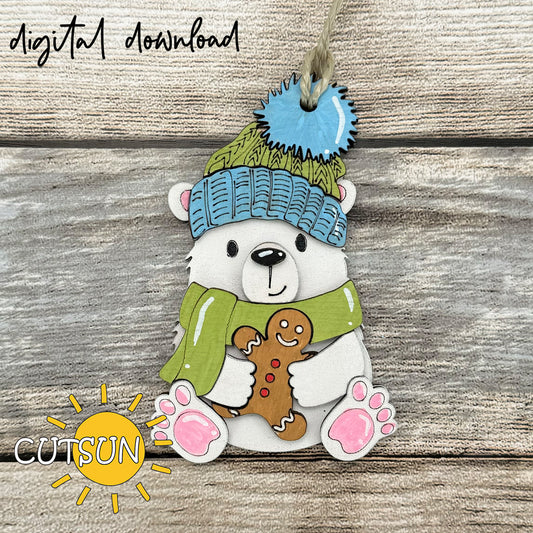 Polar Bear with Gingerbread Ornament SVG | Cute Layered Laser Cut File | Christmas Tree Decor