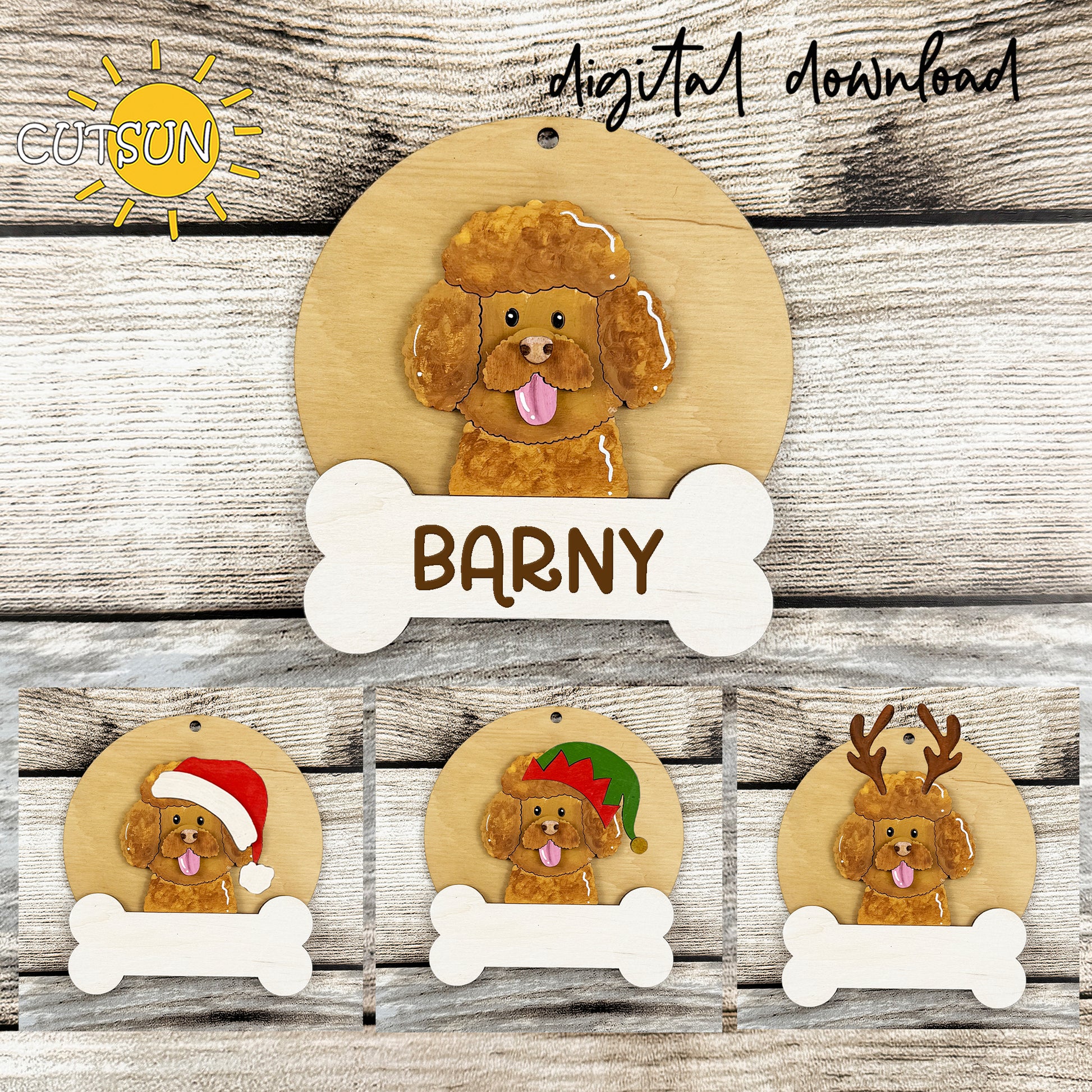 Layered Poodle Christmas ornament SVG with customizable bone nameplate and holiday accessories including Santa hat, elf hat and reindeer antlers.