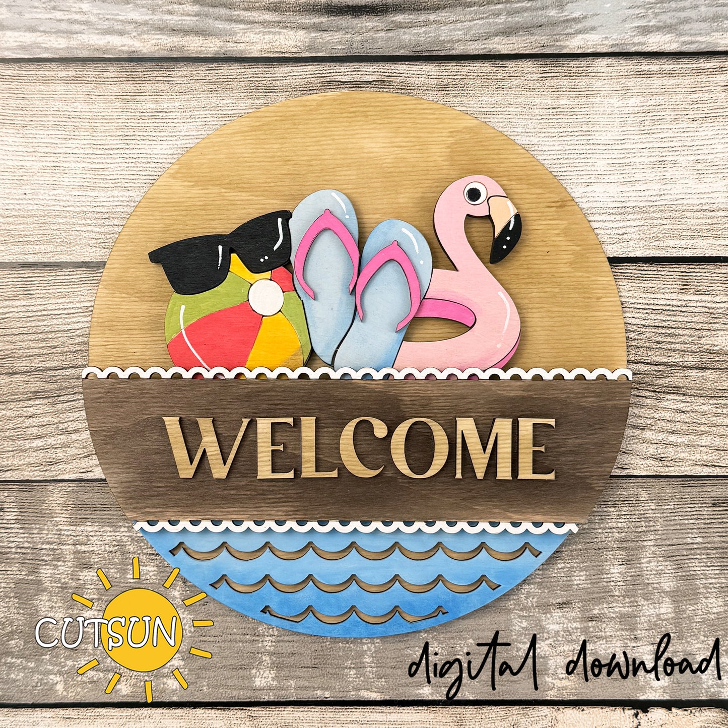 Summer Beach Add-On for Interchangeable Round Sign SVG – Flamingo, Flip Flops & Beach Ball Door Hanger Insert Laser Cut File