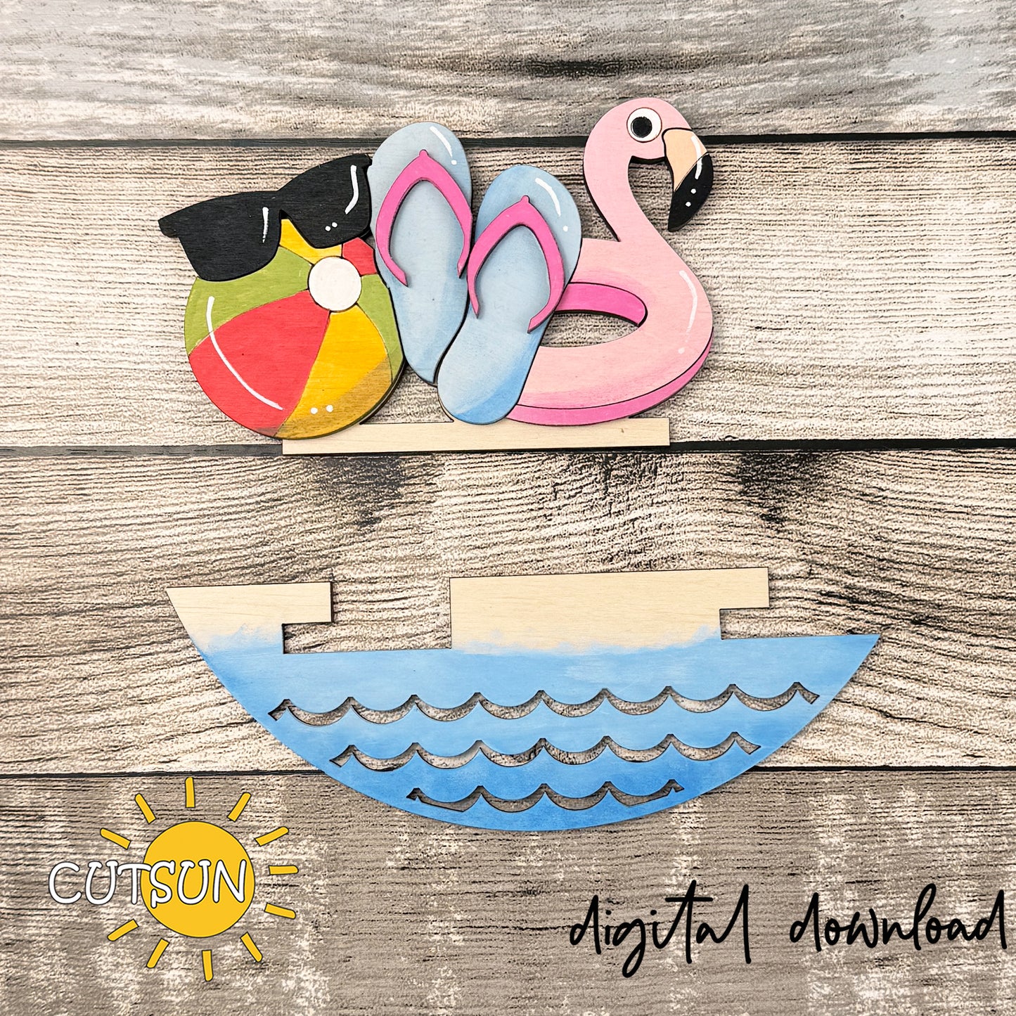 Summer Beach Add-On for Interchangeable Round Sign SVG – Flamingo, Flip Flops & Beach Ball Door Hanger Insert Laser Cut File