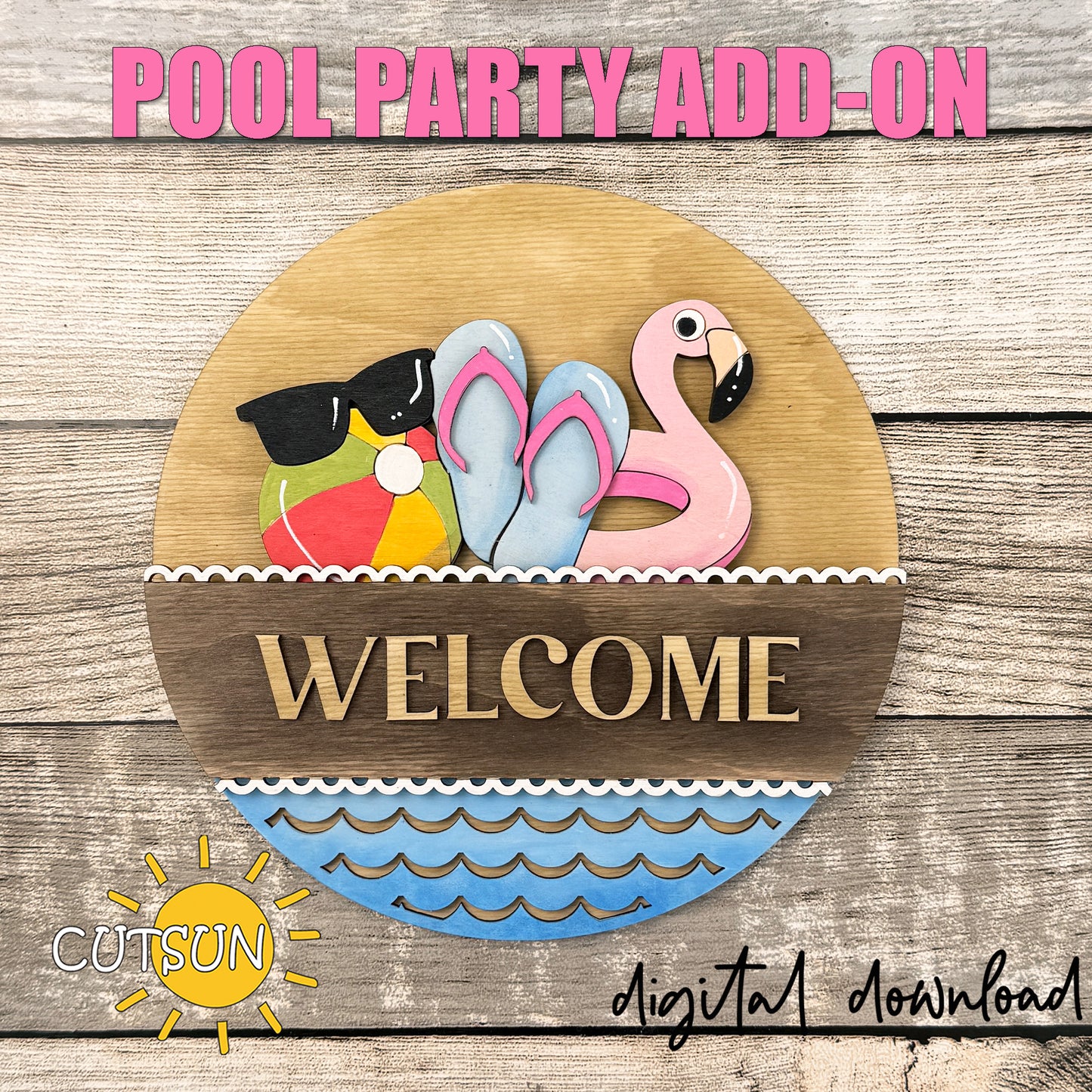 Summer flamingo flip flops beach ball interchangeable round sign add-on laser cut file layered summer door hanger insert