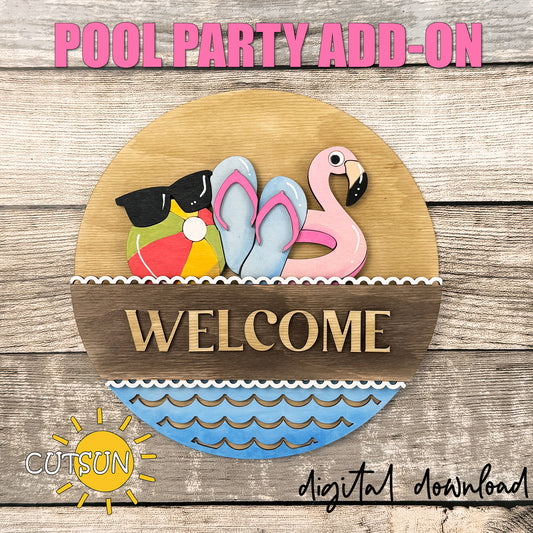 Summer flamingo flip flops beach ball interchangeable round sign add-on laser cut file layered summer door hanger insert