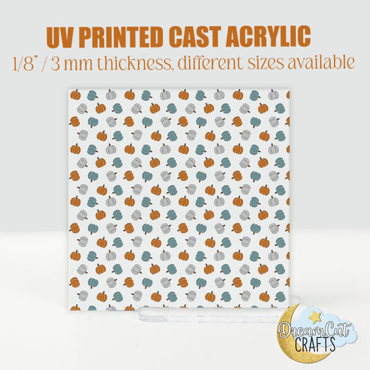 UV printed acrylic sheet with repeating pumpkin pattern in orange, teal, and gray – perfect for fall laser crafts and seasonal DIY projects.