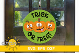 SVG digital download for a round Halloween door hanger with three funny pumpkins and the words Trick or treat