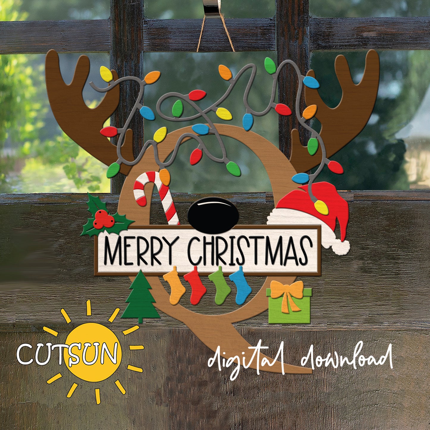 Laser cut Christmas door sign - monogram letter Q with antlers, Christmas lights, candy cane, holly berry, a Christmas tree, a present, Santa hat and four stockings.