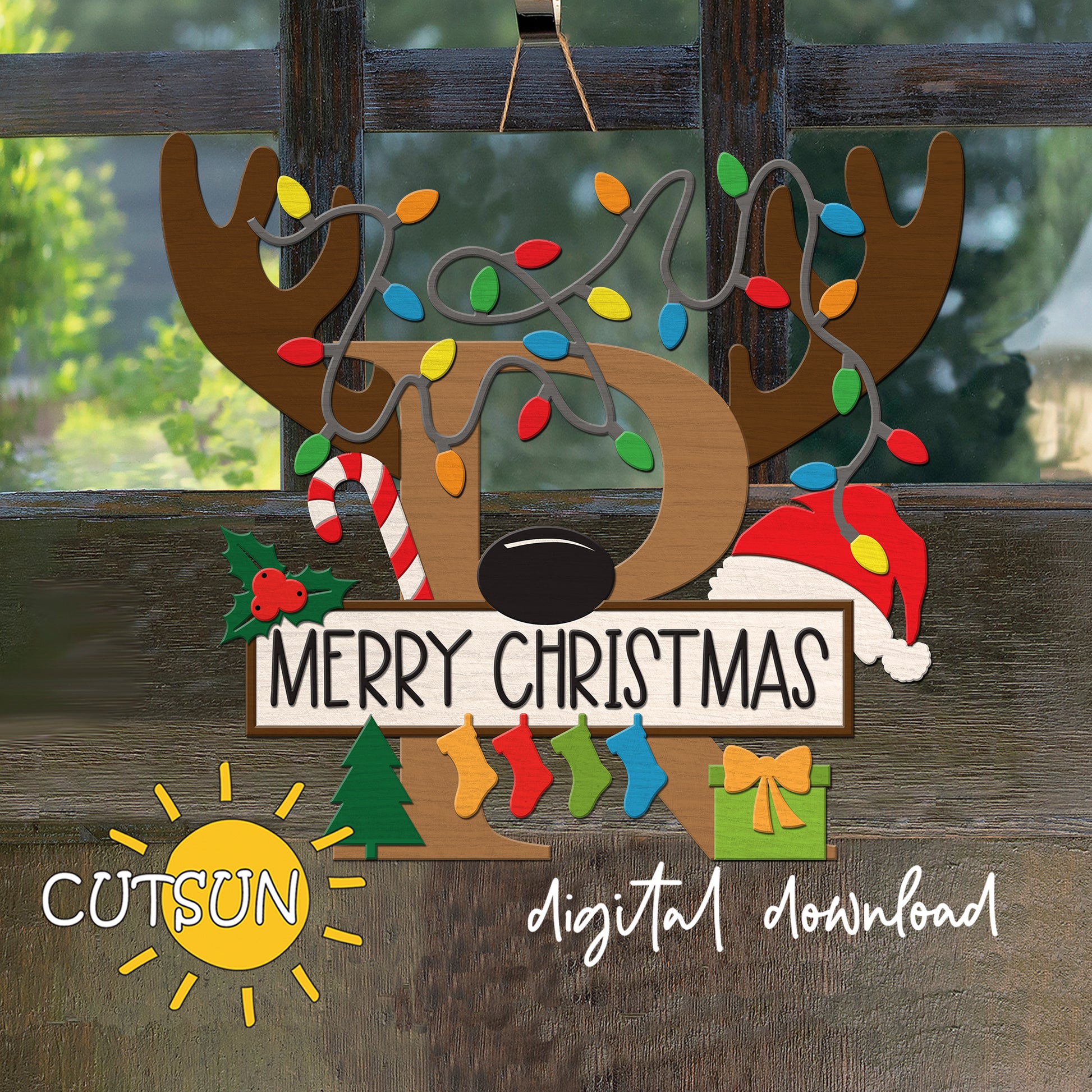 Laser cut Christmas door sign - monogram letter R with antlers, Christmas lights, candy cane, holly berry, a Christmas tree, a present, Santa hat and four stockings.