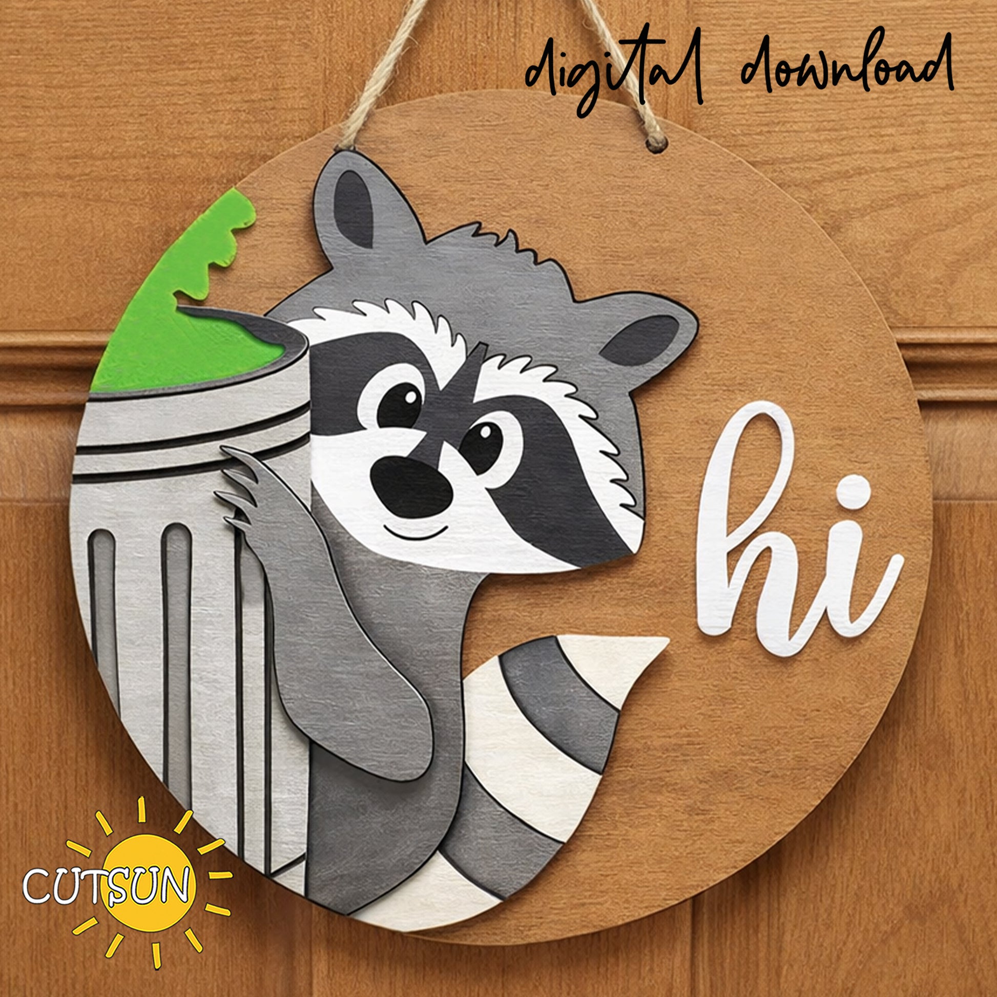 cute raccoon door hanger with hi text and trash can, layered wood laser cut design, woodland animal welcome sign svg