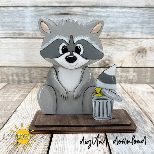 cute raccoon shelf sitter laser cut design with trash can, layered wooden animal decor, digital download svg file