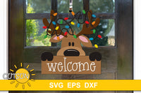 Reindeer with Christmas lights on his antlers Welcome sign svg