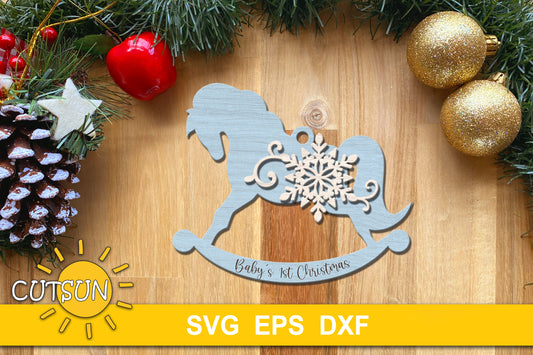 Cute rocking horse Christmas ornament with an optional writing Baby's 1st Christmas digital download for laser cutters