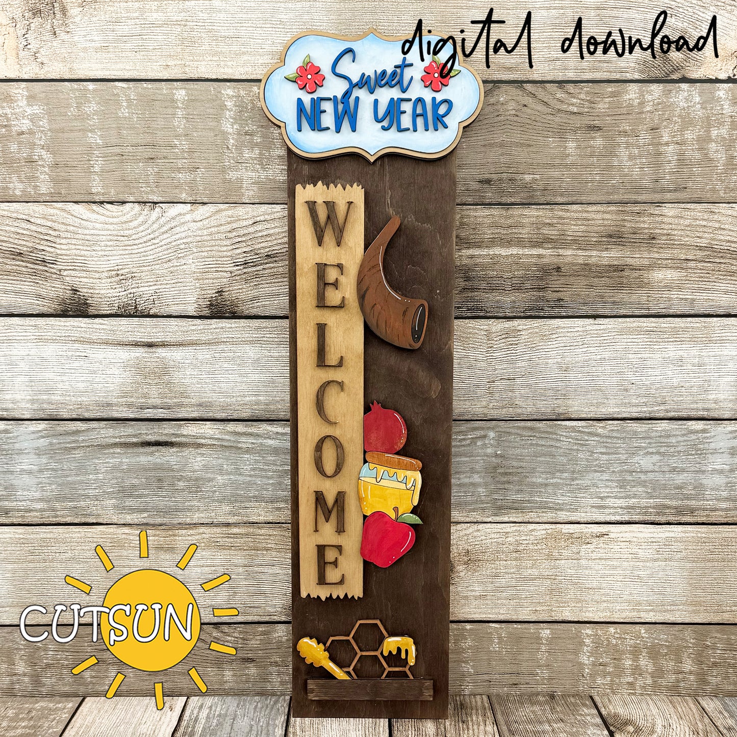 Rosh Hashanah add-on SVG laser cut design with Sweet New Year and Shanah Tovah plaques, shofar, apple, pomegranate, honey jar and honeycomb on a vertical porch leaner.