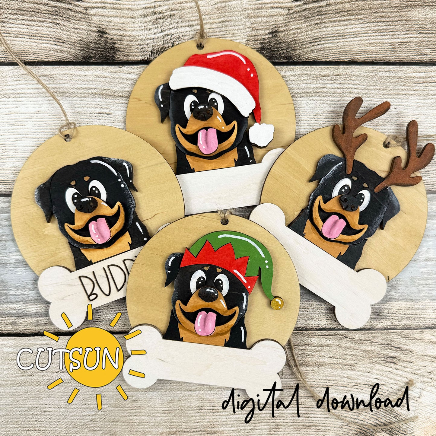 Rottweiler Christmas Ornament Bundle | Laser Cut Dog Bone Ornaments | Personalized Pet Holiday Decor Digital File
