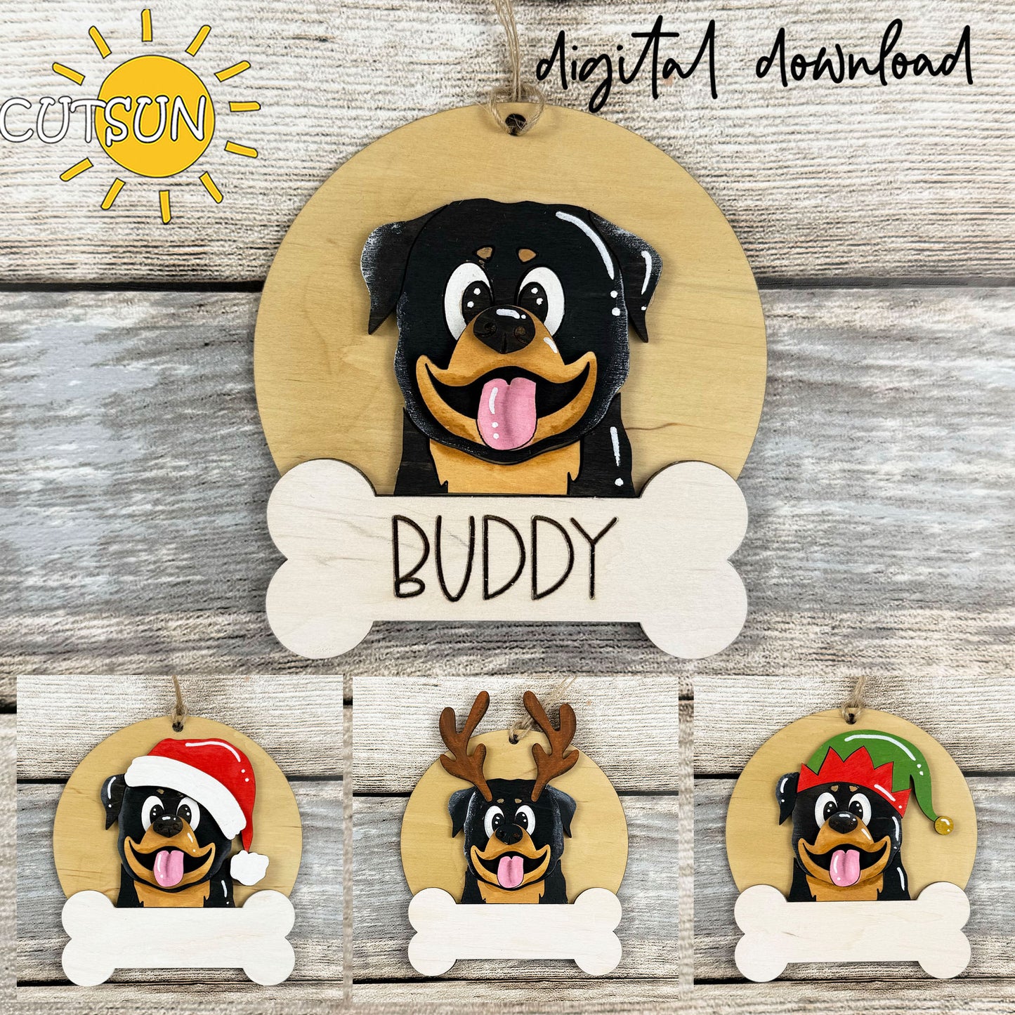 Rottweiler Christmas ornament bundle with four laser cut dog designs and customizable bone nameplates for personalized holiday décor.