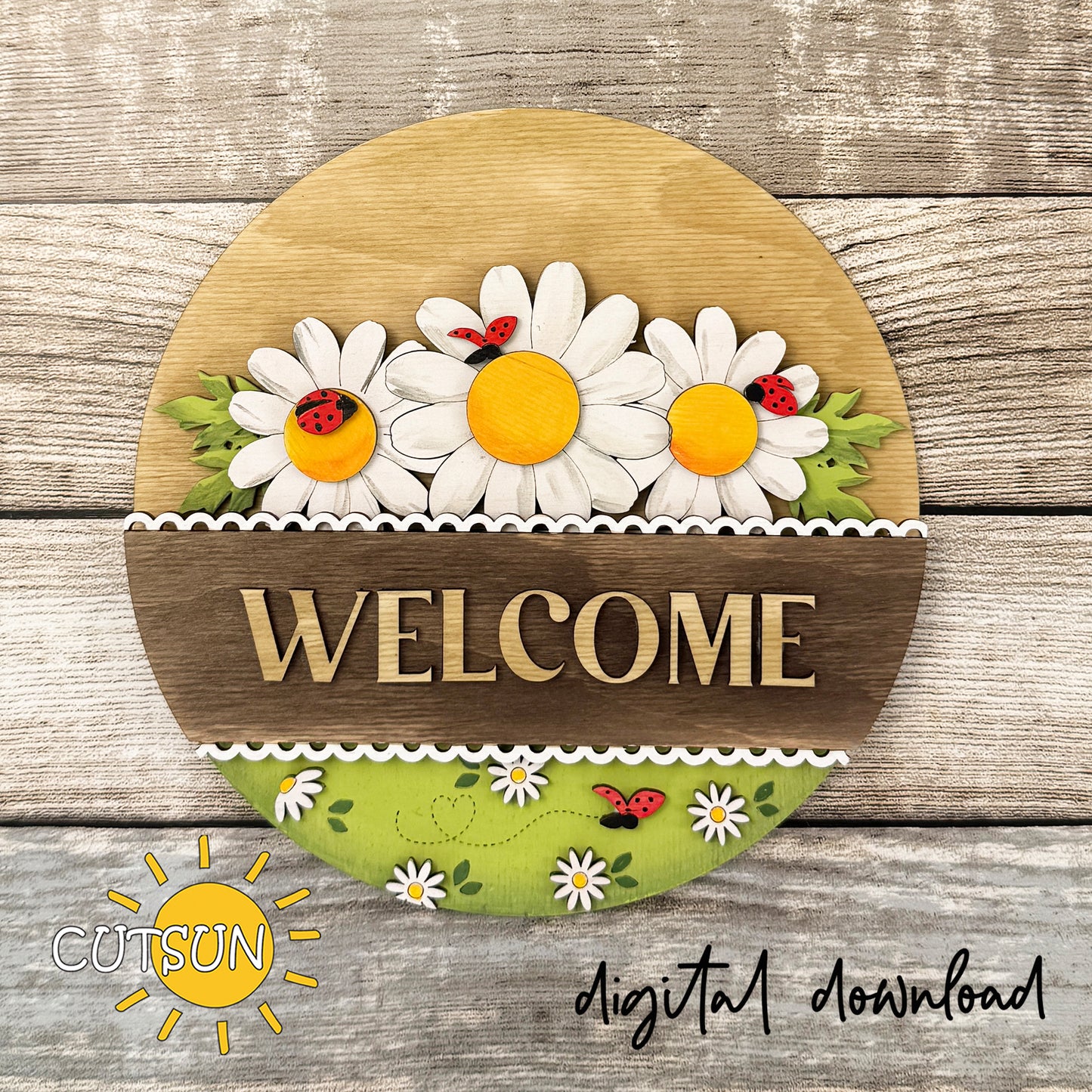 Interchangeable round welcome door sign with daisies and ladybugs layered laser cut design