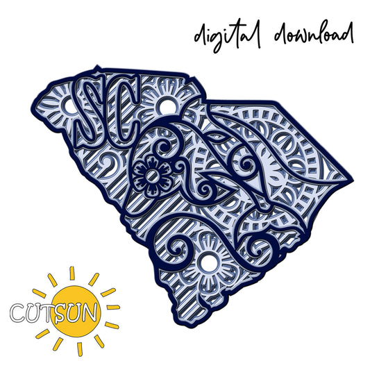 Decorative design of a state outline with intricate patterns and 'CUTSUN' logo.