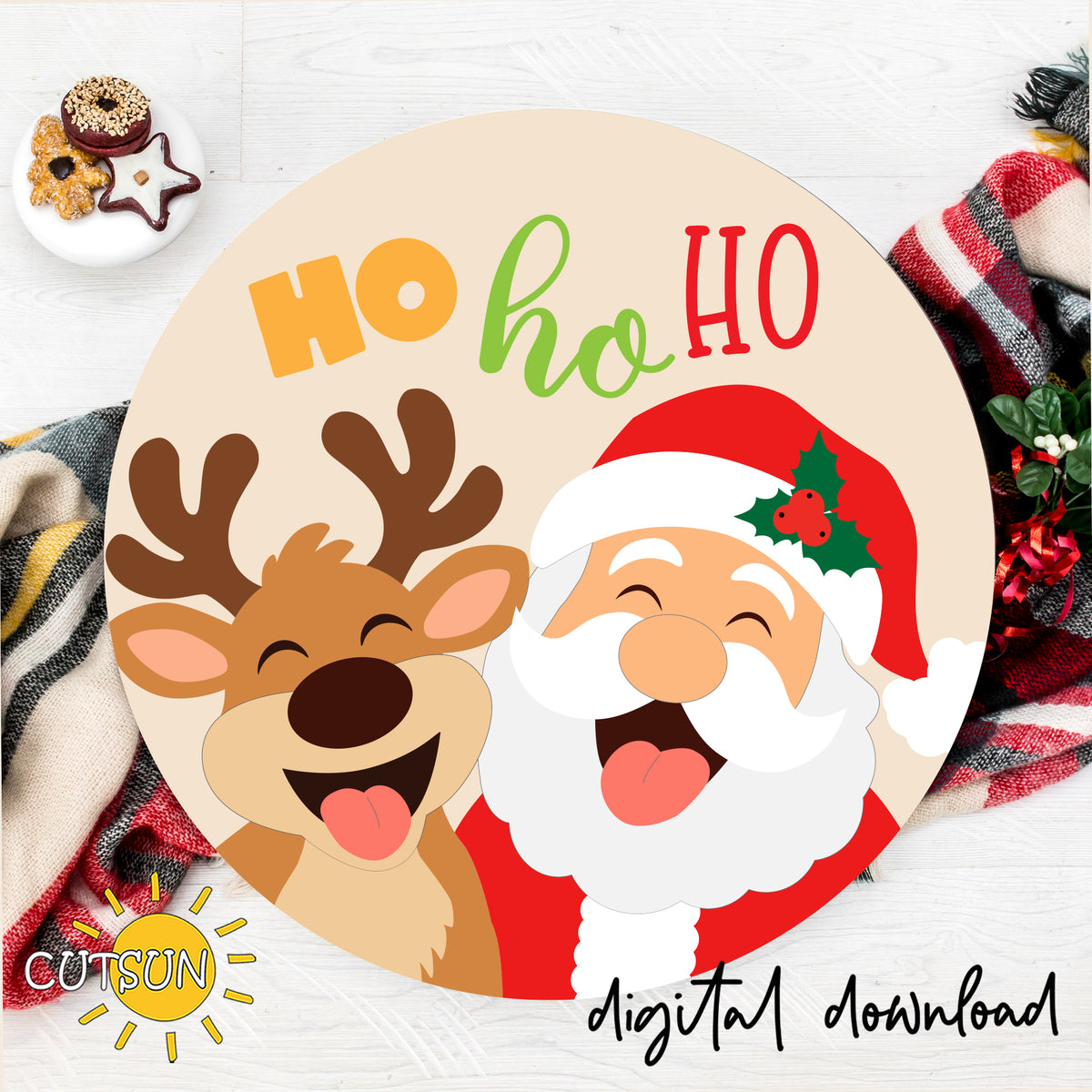 Santa & Reindeer Ho Ho Ho Christmas Door Hanger SVG – Laser Cut File, Cricut SVG