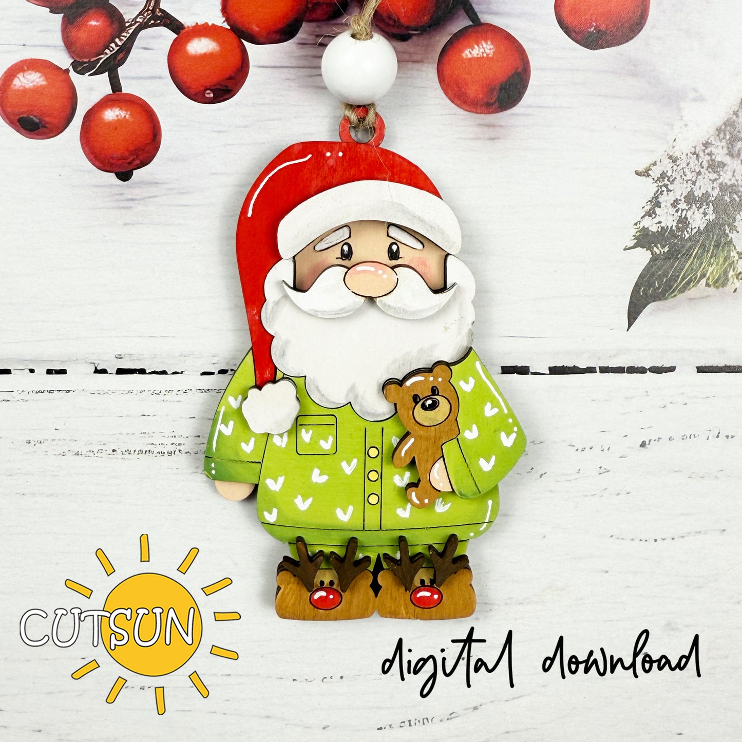 Santa in Pajamas Ornament SVG – Cute Christmas Laser Cut File with Teddy Bear