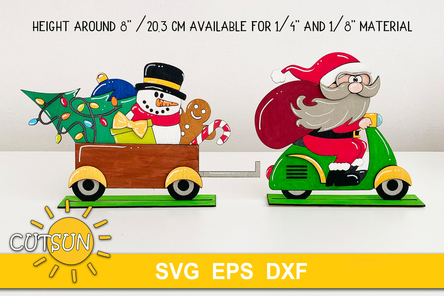 Standing Christmas decoration with Santa on a motorcycle and a wagon full with Christmas items