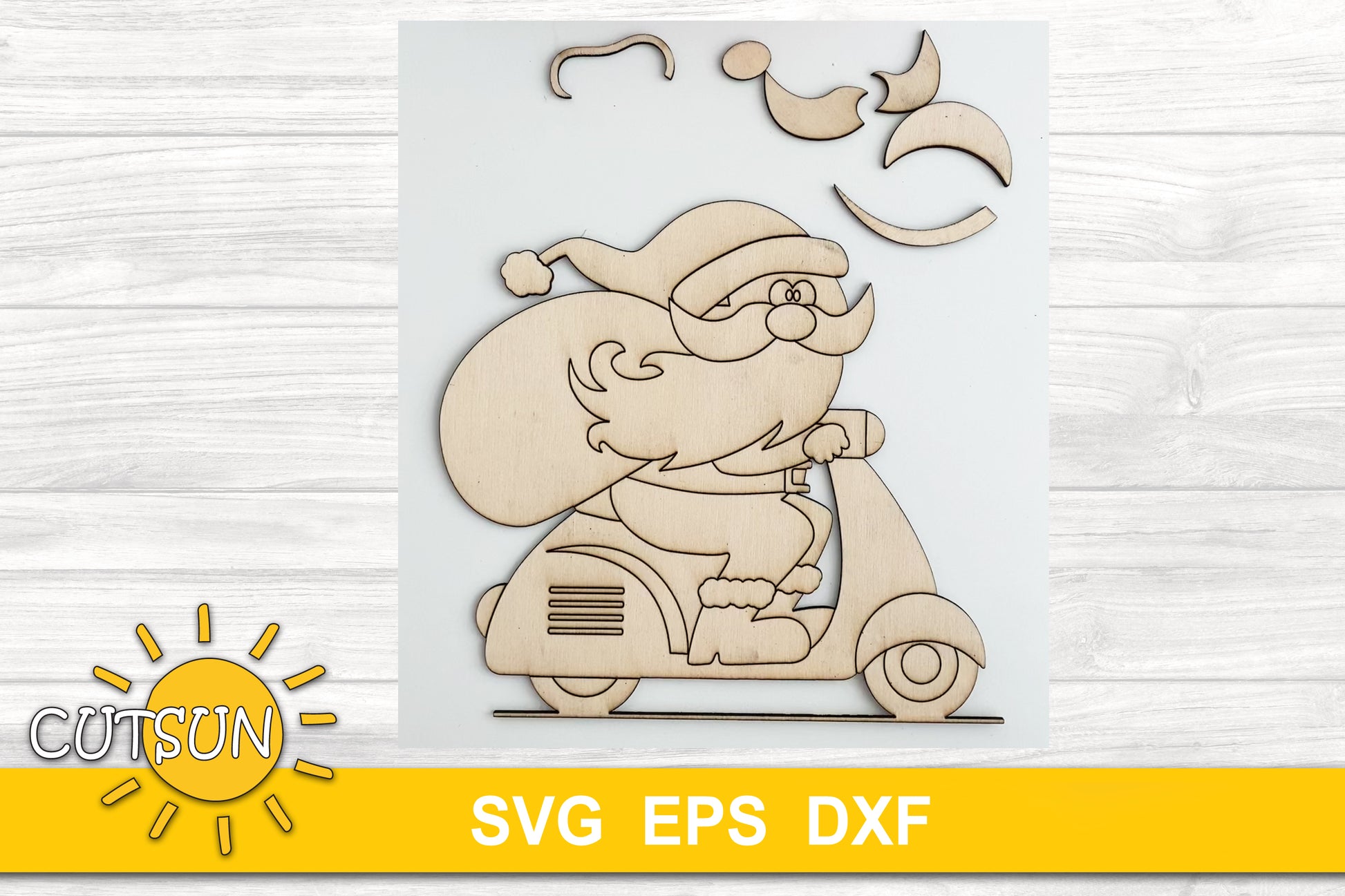 Standing Christmas decoration with Santa on a motorcycle and a wagon full with Christmas items