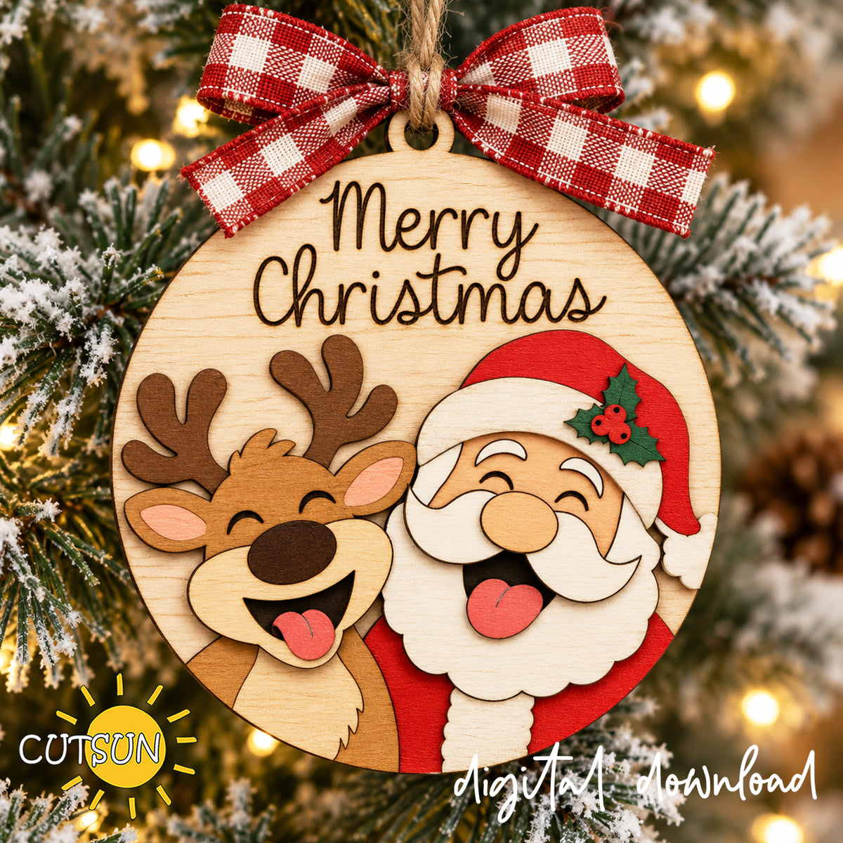 Layered wooden Santa and Reindeer Christmas ornament with Merry Christmas lettering, featuring funny smiling characters and a festive plaid bow.