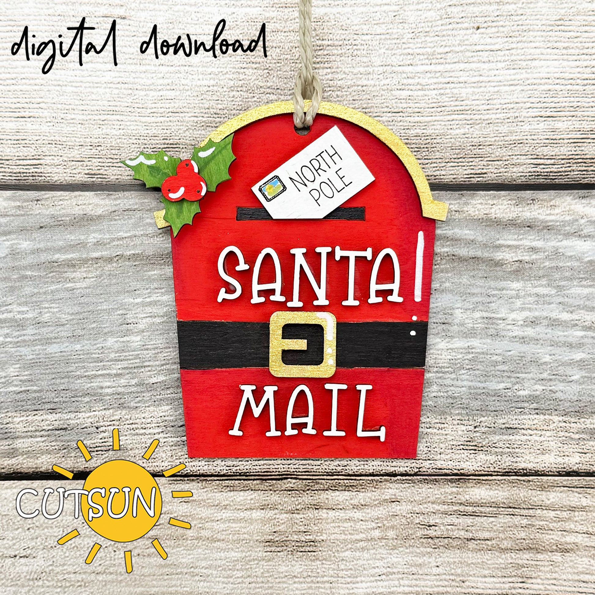 Santa Mail Ornament SVG with red mailbox, golden belt, and North Pole letter – Christmas laser cut file
