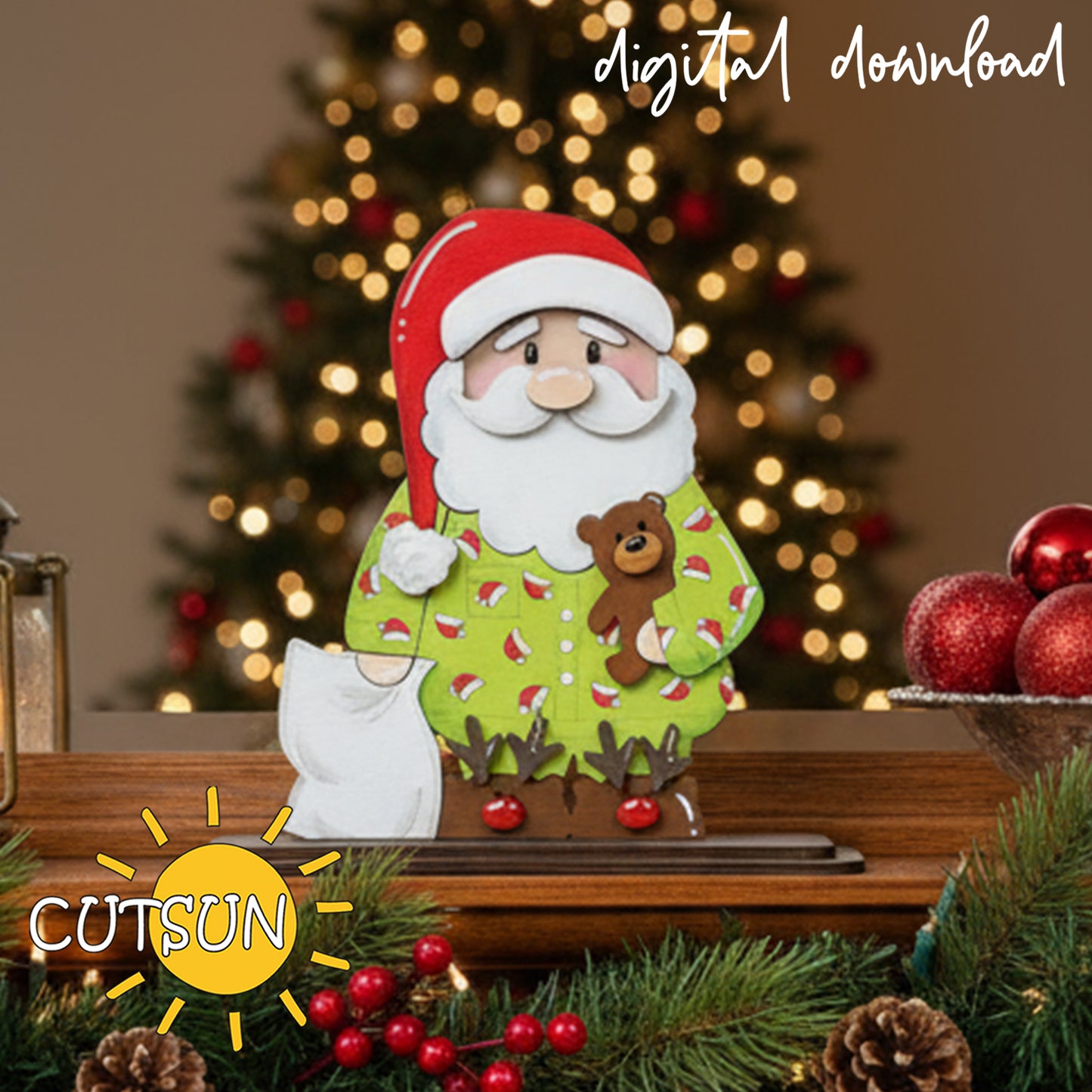 Santa in Pajamas Shelf Sitter SVG Laser Cut File – Cute Christmas Santa Decoration Digital Download