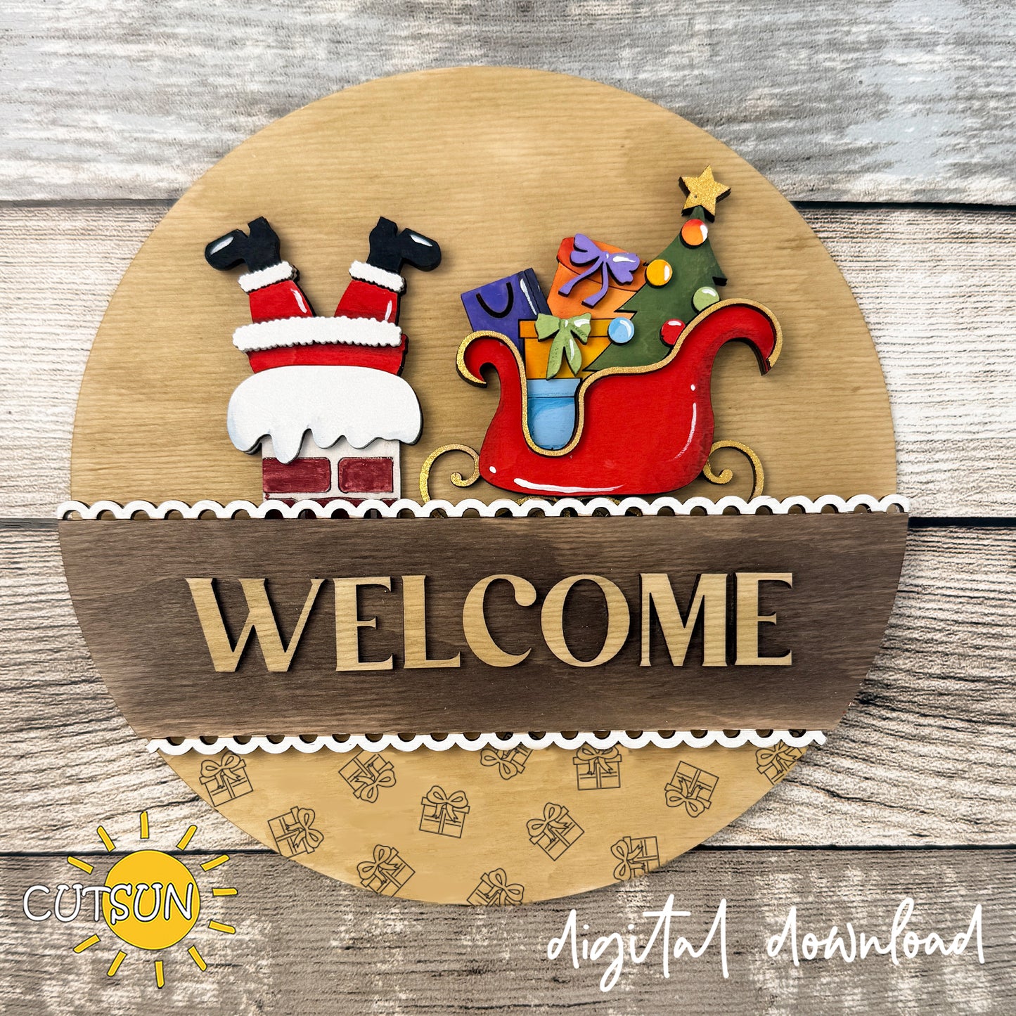 Santa in Chimney Round Sign Add-On SVG | Christmas Interchangeable Door Sign Insert | Layered Laser Cut File