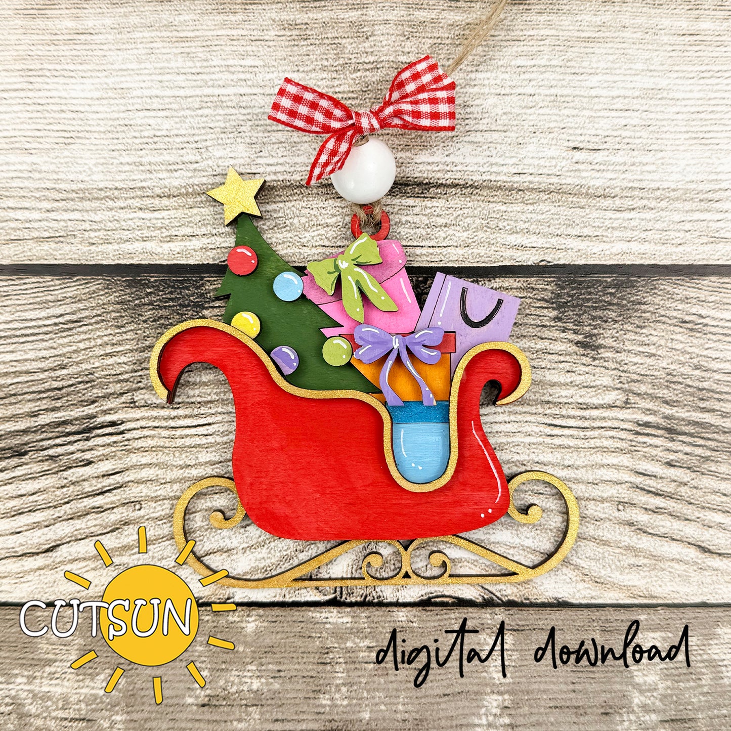 Laser cut Christmas sleigh ornament SVG with gifts and Christmas tree – festive digital design for holiday crafts.