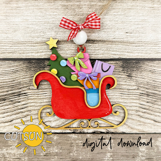 Laser cut Christmas sleigh ornament SVG with gifts and Christmas tree – festive digital design for holiday crafts.
