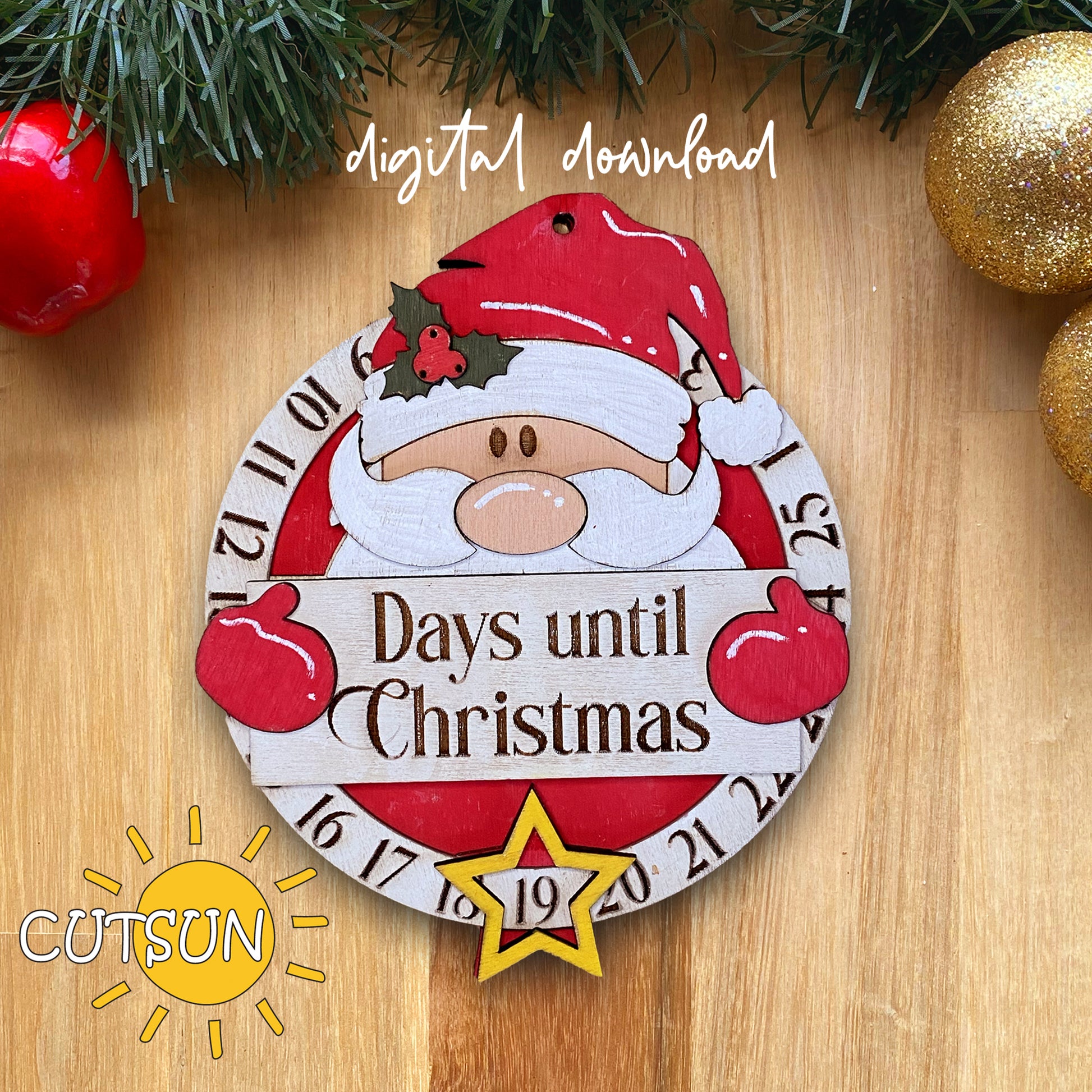Digital download for a Christmas countdown ornament featuring Santa, holding a sign with the text Days until Christmas