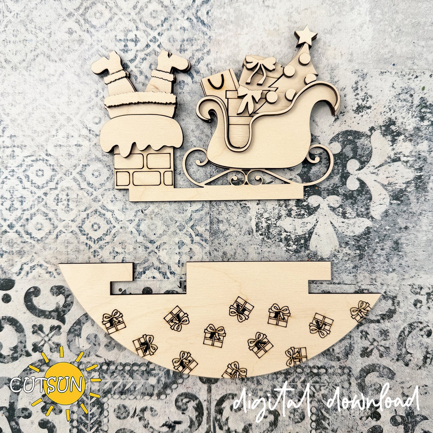 Santa in Chimney Round Sign Add-On SVG | Christmas Interchangeable Door Sign Insert | Layered Laser Cut File